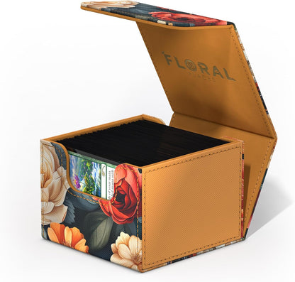Open, floral-patterned deck box revealing stacks of cards inside, with "FLORAL PLACES" on the lid