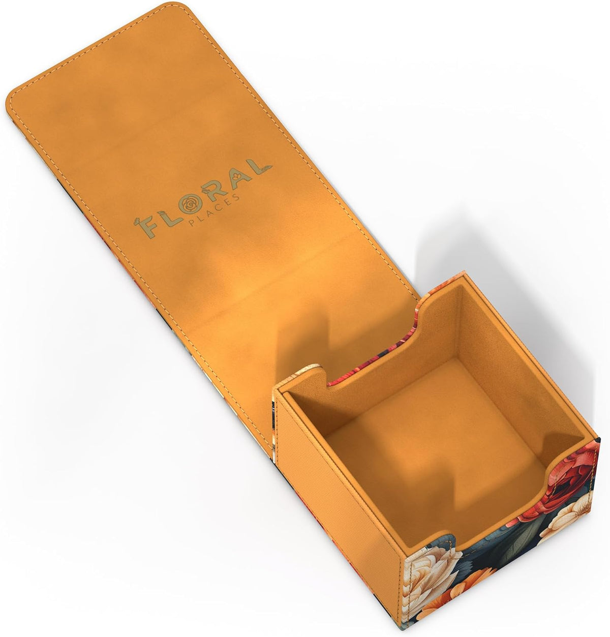 An open orange and floral-patterned storage box with &quot;FLORAL PLACES&quot; on its lid, revealing an empty interior