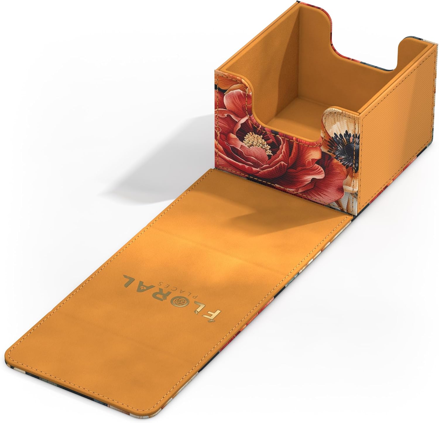 Open orange card deck box with red and cream floral patterns, The extended lid displays "FLORAL PLACES"