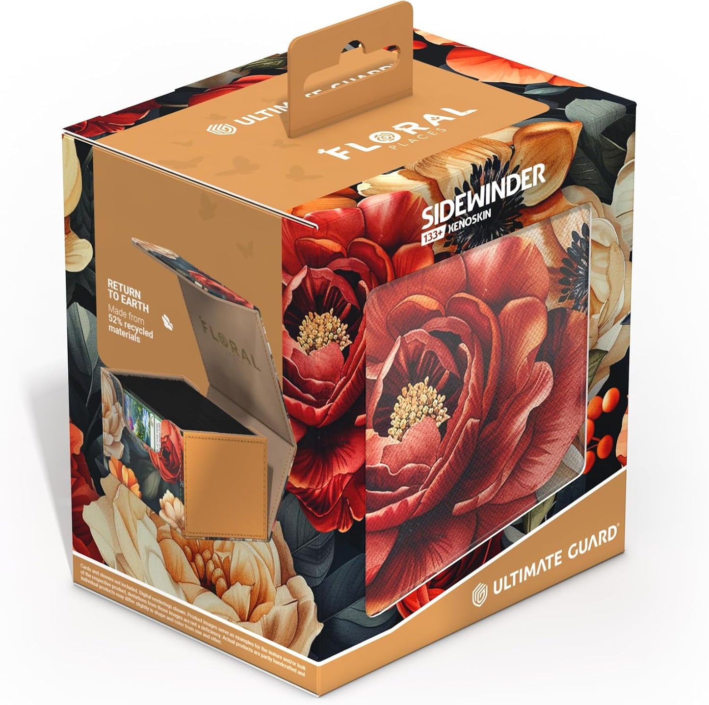 Ultimate Guard Sidewinder deck box package, floral design with red flowers, partially open to show brown interior