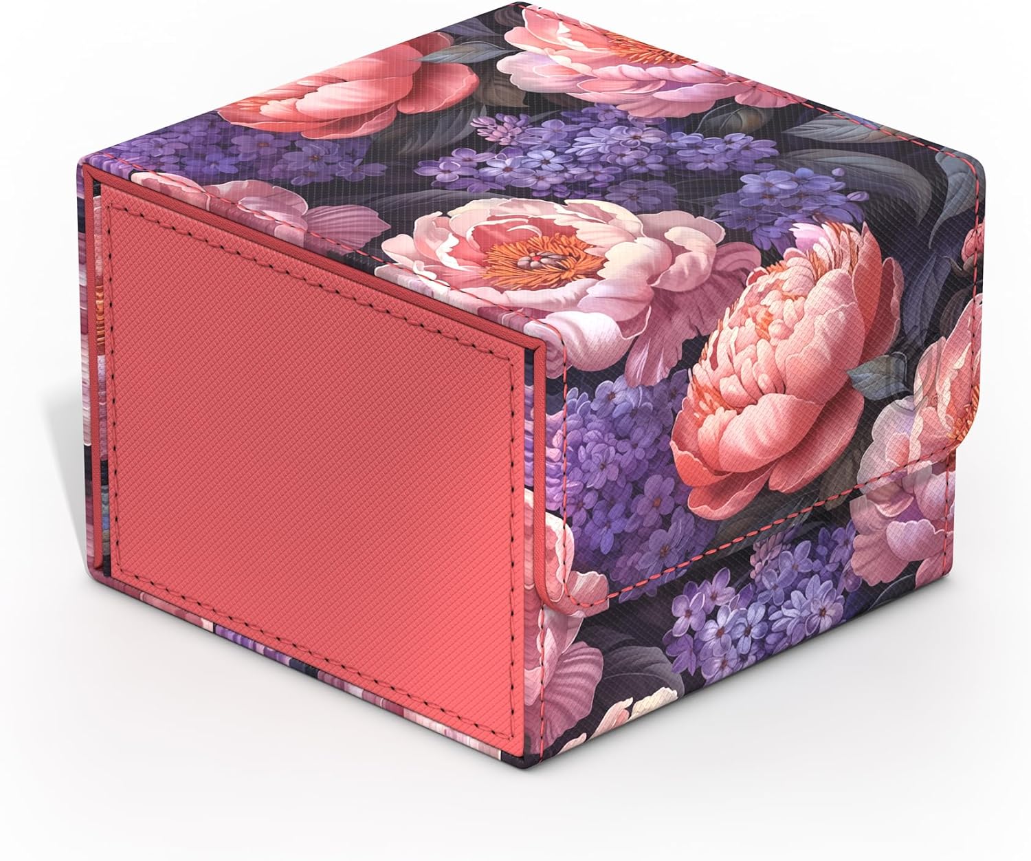 Box with pink peonies and purple flowers on a dark background; one side is textured coral with visible stitching
