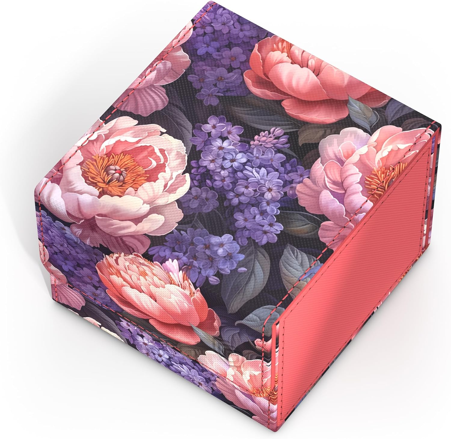 Floral storage box featuring pink peonies and purple lilacs on a dark background, with a solid coral side panel