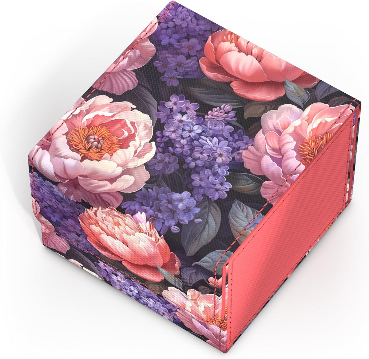 Floral storage box featuring pink peonies and purple lilacs on a dark background, with a solid coral side panel