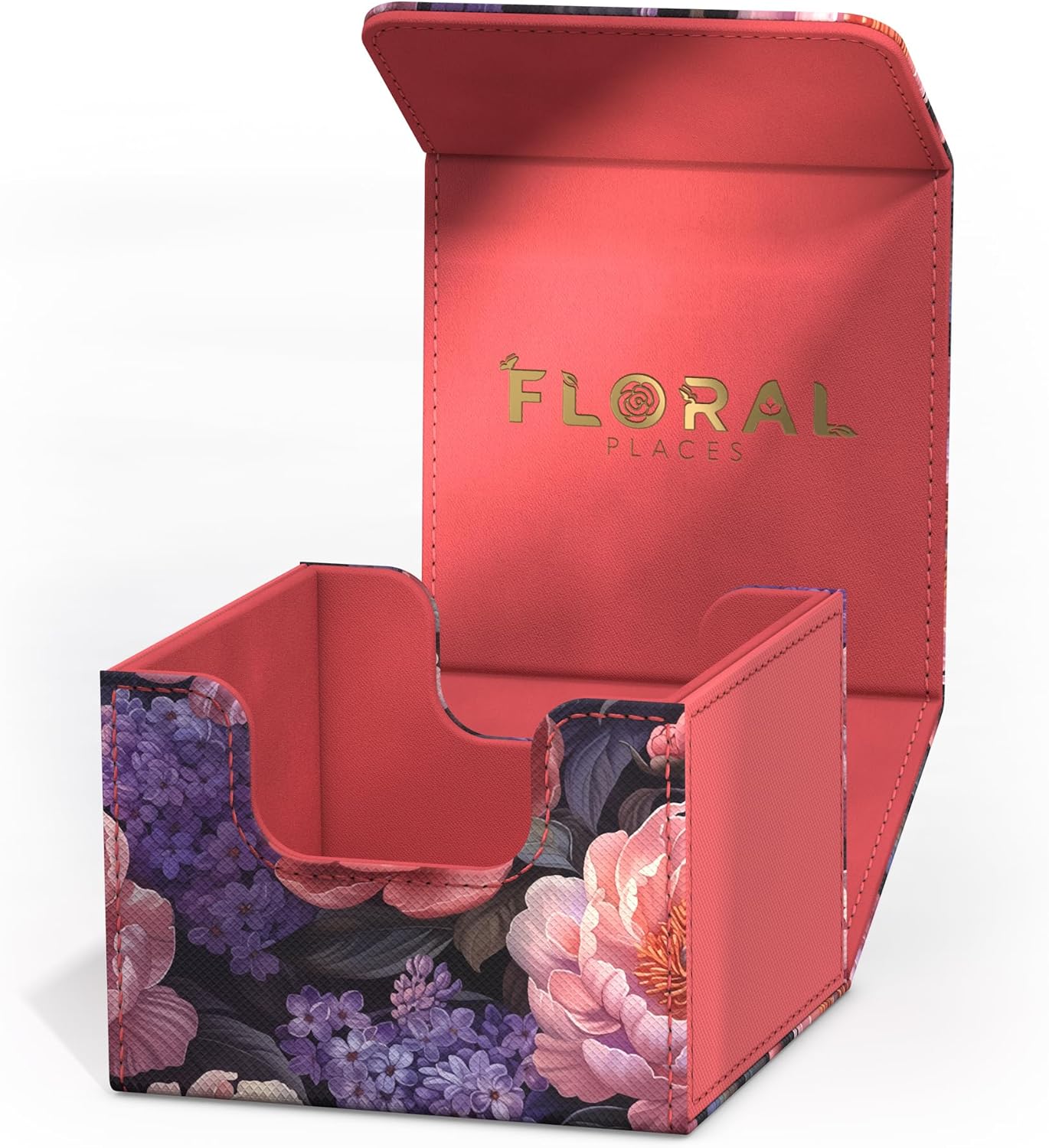 An open card deck box with a vibrant floral exterior and coral pink interior, displaying "FLORAL PLACES" on the lid