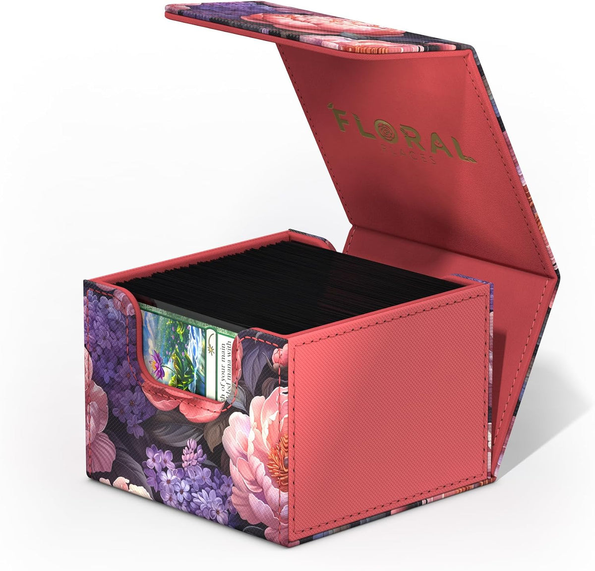 An open floral card deck box, Dark exterior with pink/purple flowers, coral interior reveals &quot;FLORAL PLACES&quot; text and sleeved cards