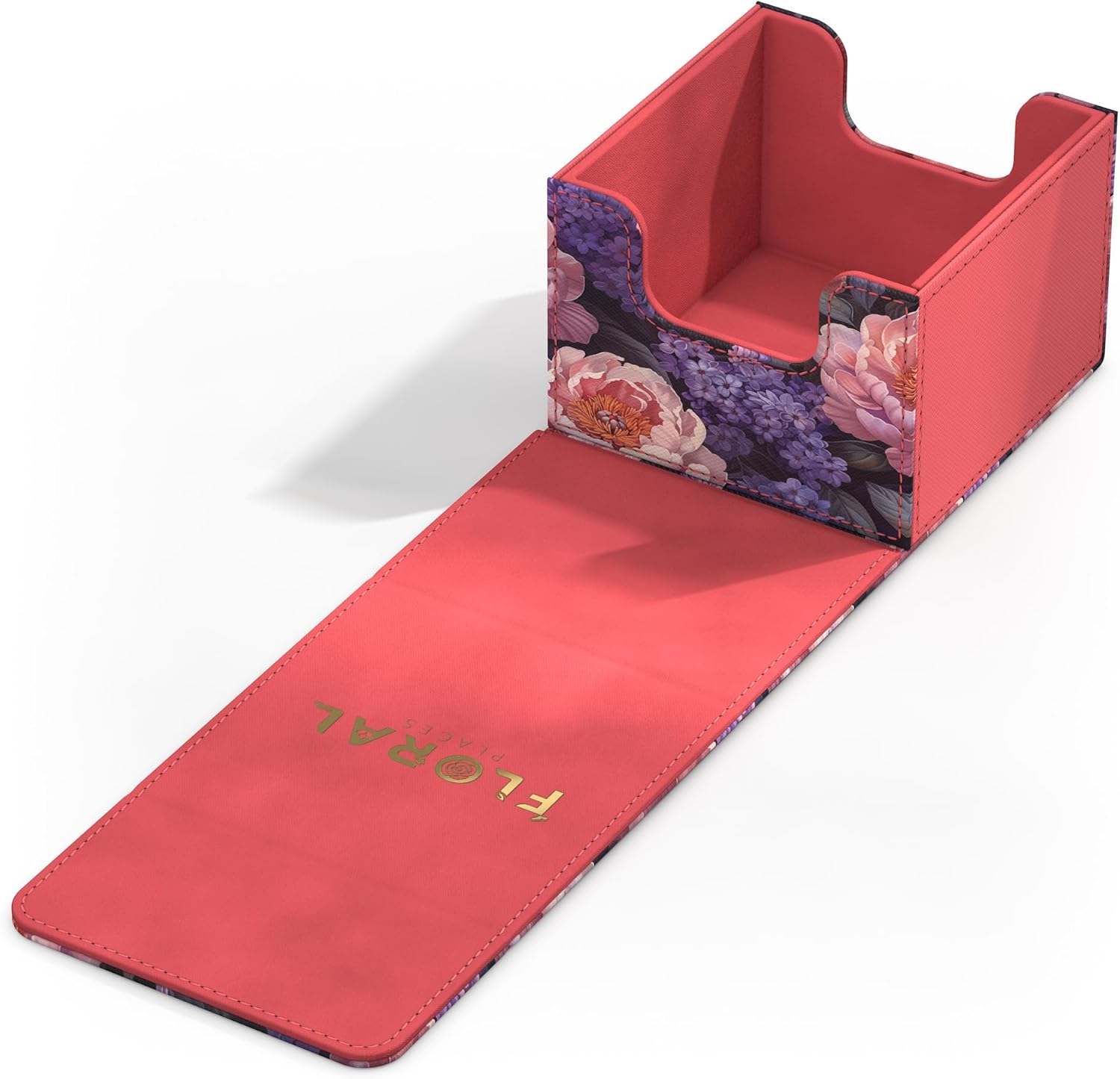 An open deck box with dark floral patterned sides and a coral interior, revealing "FLORAL PLACES" on the folded lid