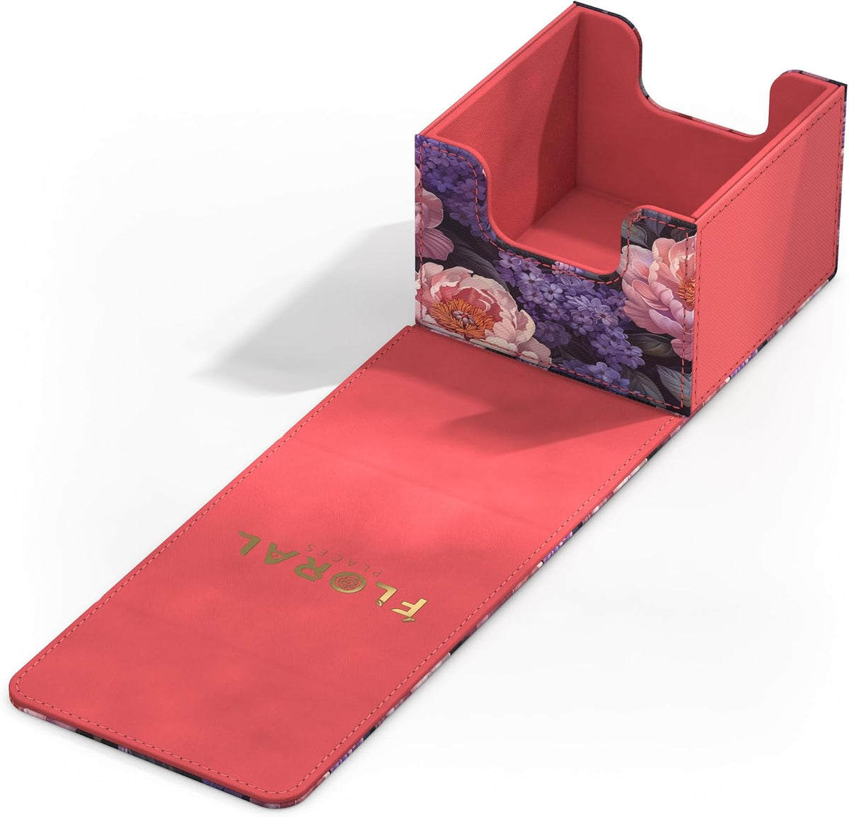 An open deck box with dark floral patterned sides and a coral interior, revealing &quot;FLORAL PLACES&quot; on the folded lid