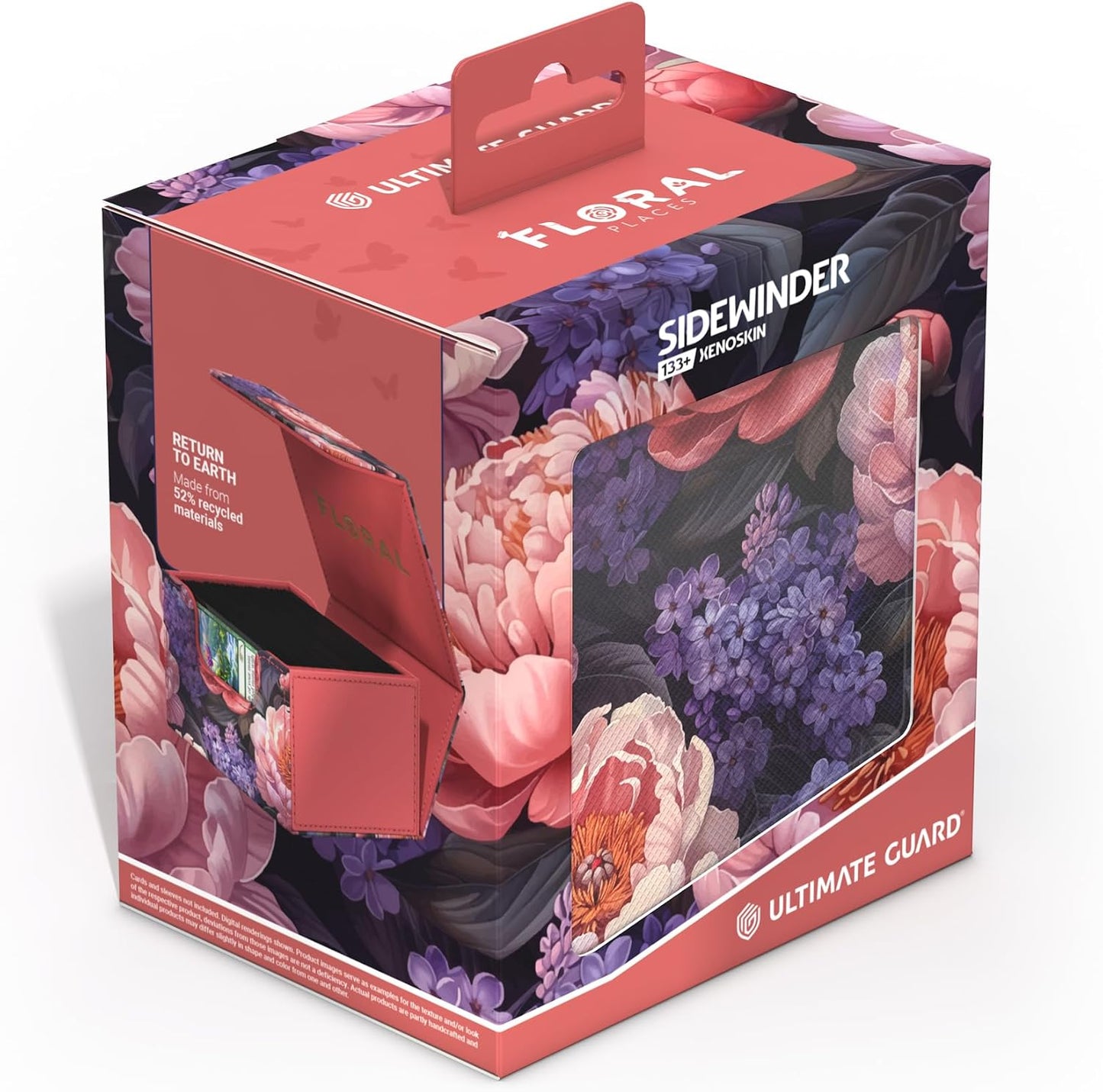 Coral floral Sidewinder deck box shown open with cards inside, still in its matching retail package