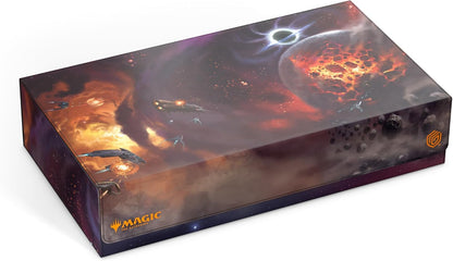 Magic: The Gathering game box featuring an epic space battle with starships firing near a black hole and exploding planet