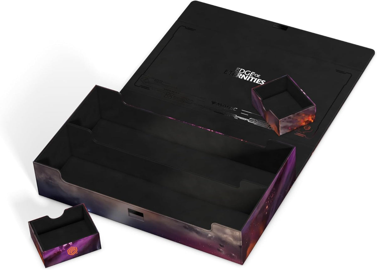 An open Magic: The Gathering deck box with &#39;Edge of Eternities&#39; on its lid, featuring internal compartments and cosmic-themed removable trays