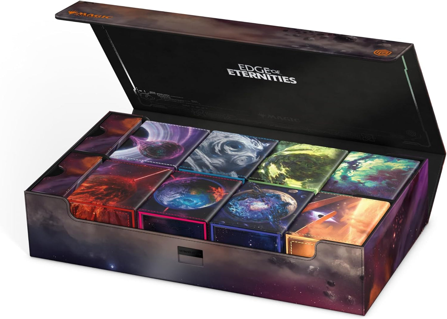 An open Magic: The Gathering "Edge of Eternities" box revealing 10 cosmic-themed deck boxes inside