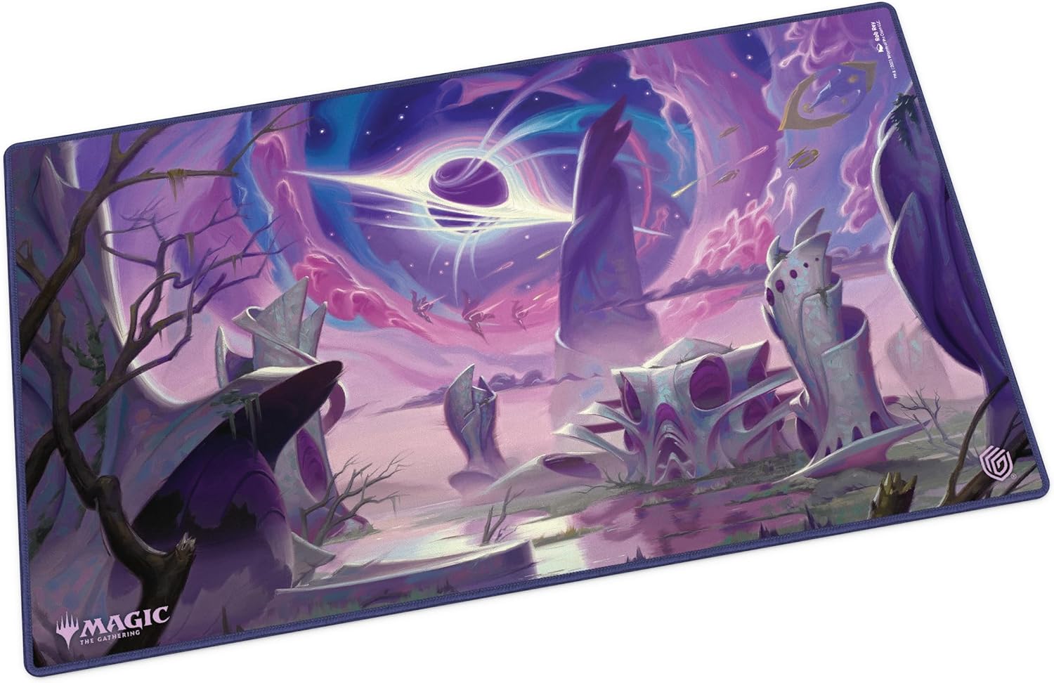MTG: Edge of Eternities playmat of a fantastical purple and pink alien world with bizarre structures and a glowing cosmic vortex in the sky