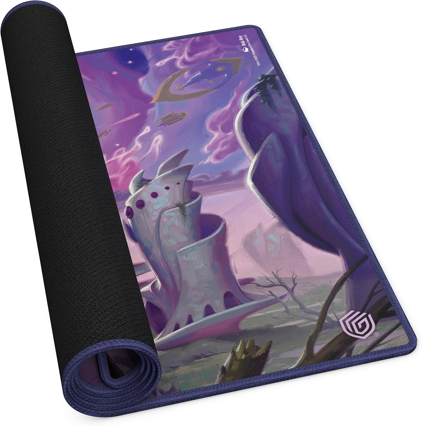 A partially rolled MTG: Edge of Eternities displays a vivid sci-fi scene: purple alien landscape with flying craft and strange towers