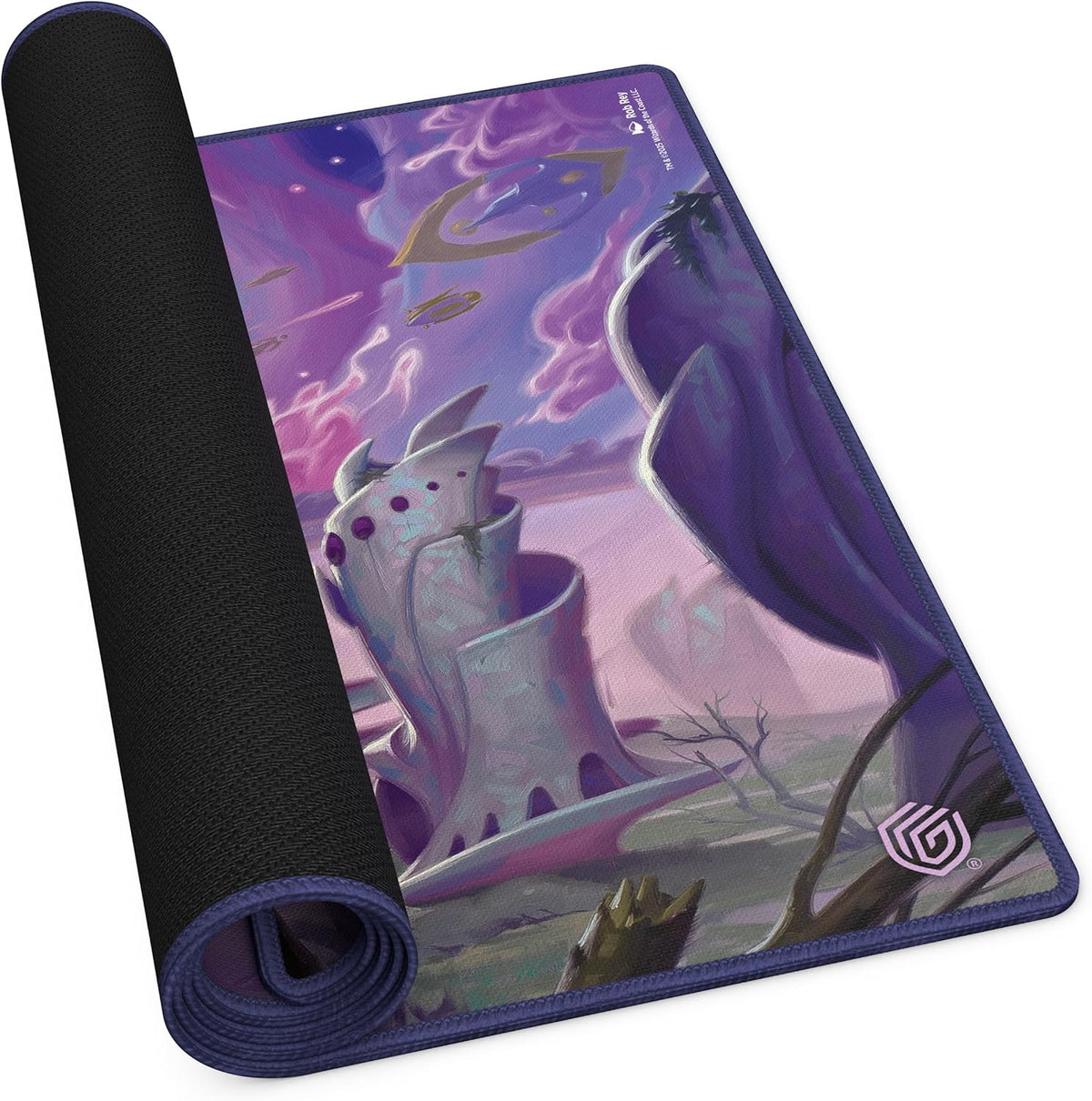 A partially rolled MTG: Edge of Eternities displays a vivid sci-fi scene: purple alien landscape with flying craft and strange towers