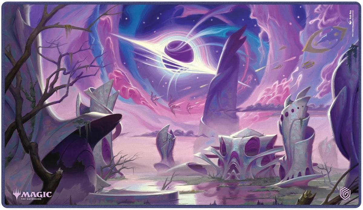 MTG: Edge of Eternities playmat: surreal alien world with futuristic structures, a swirling cosmic vortex, and flying craft