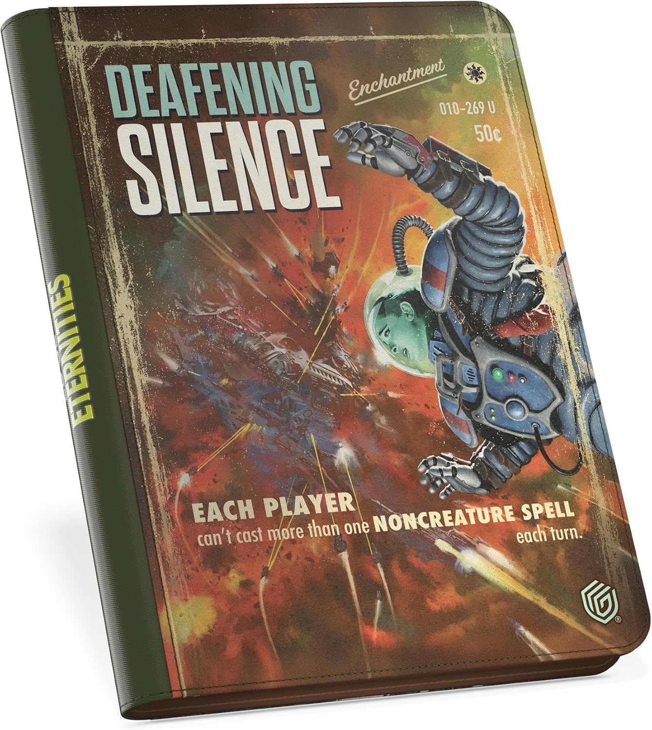 Retro sci-fi binder cover titled "Deafening Silence" with an astronaut tumbling amidst a fiery space battle