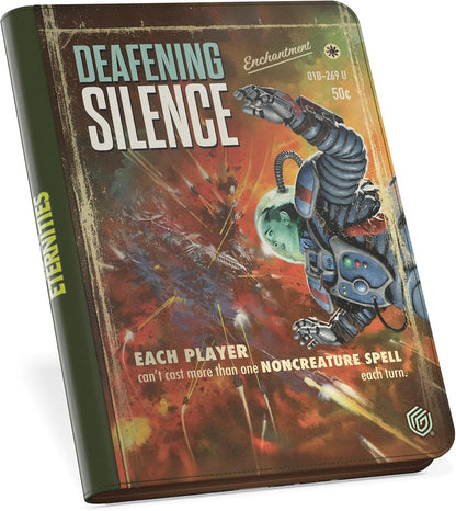 Retro sci-fi binder cover titled "Deafening Silence" with an astronaut tumbling amidst a fiery space battle