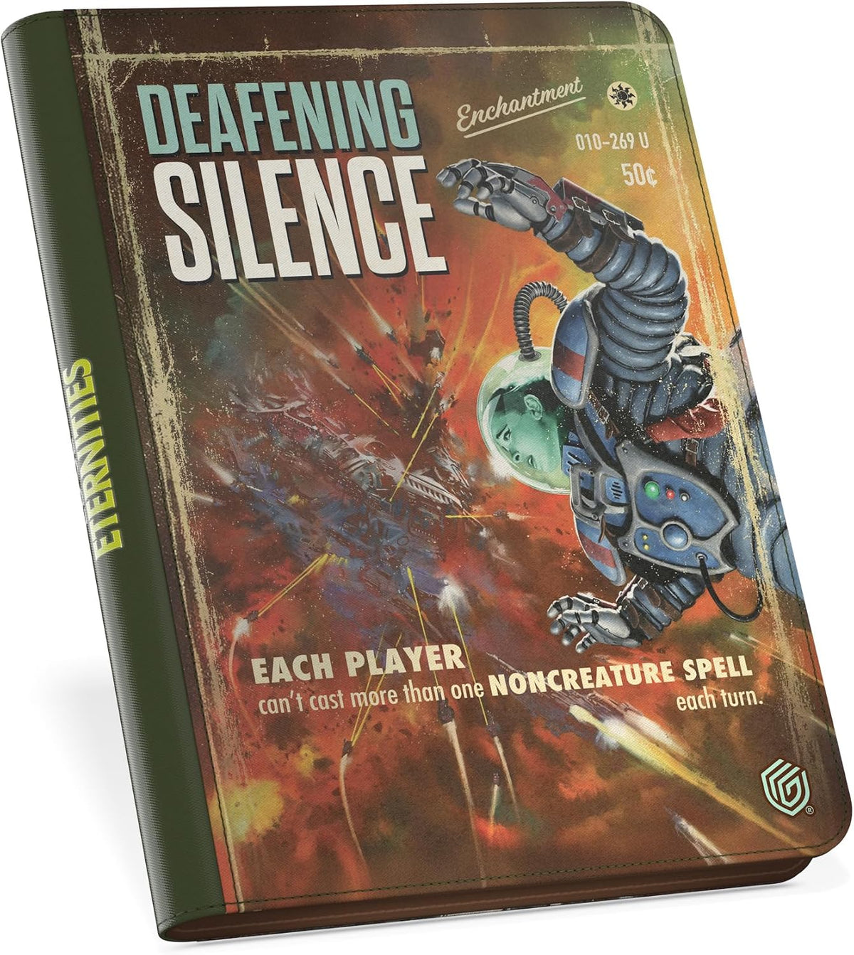Retro sci-fi binder cover titled &quot;Deafening Silence&quot; with an astronaut tumbling amidst a fiery space battle