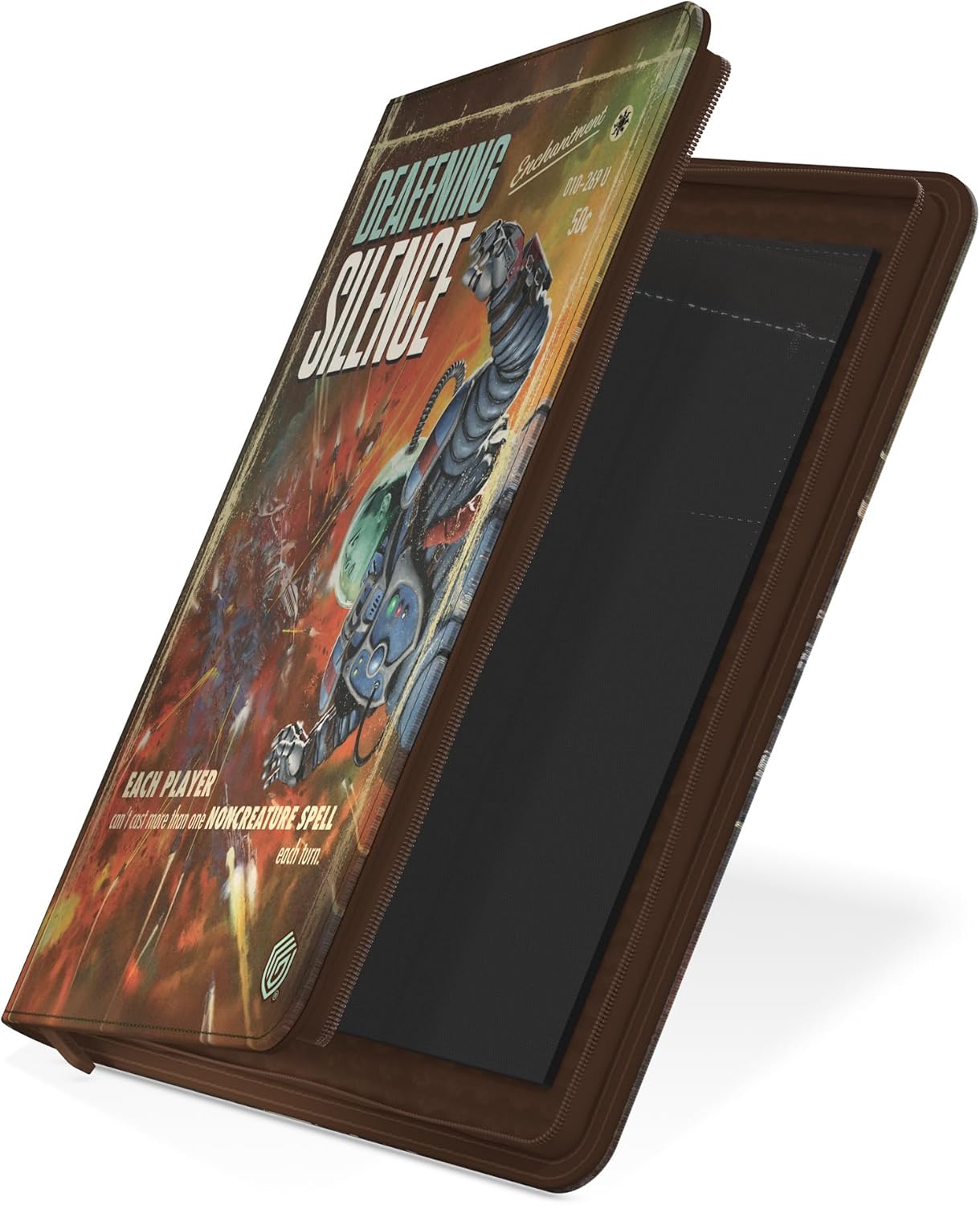 Brown zippered binder with a retro sci-fi "DEAFENING SILENCE" cover featuring a robot, slightly open to show black card slots