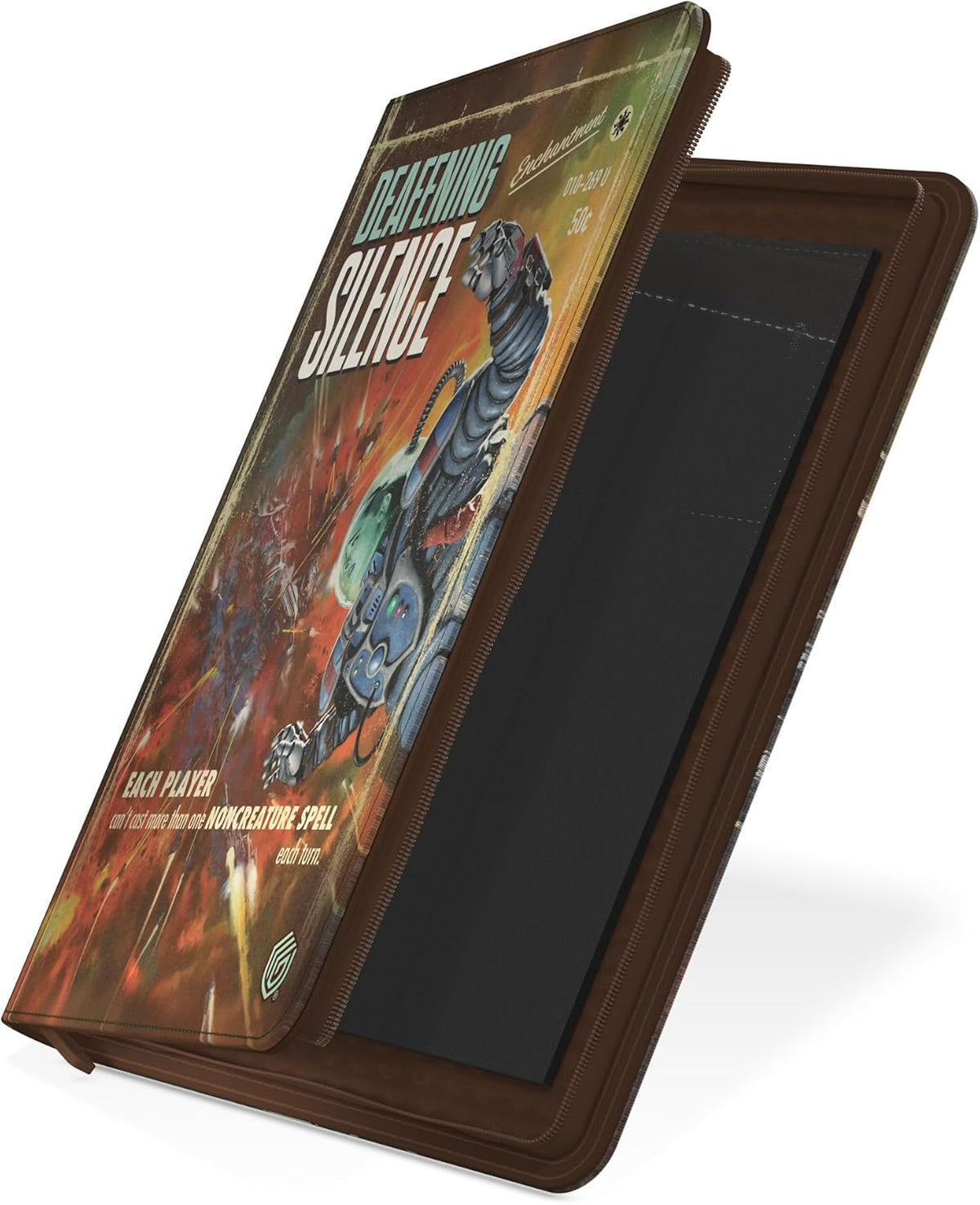 Brown zippered binder with a retro sci-fi &quot;DEAFENING SILENCE&quot; cover featuring a robot, slightly open to show black card slots