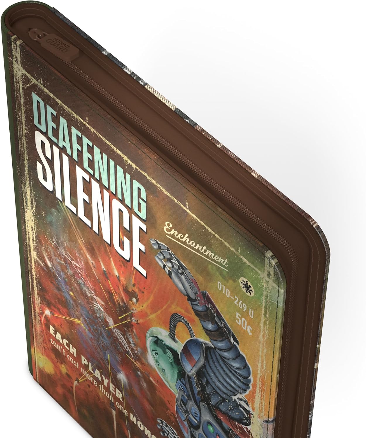 Brown zippered card binder with retro sci-fi art 'DEAFENING SILENCE': astronaut firing weapon