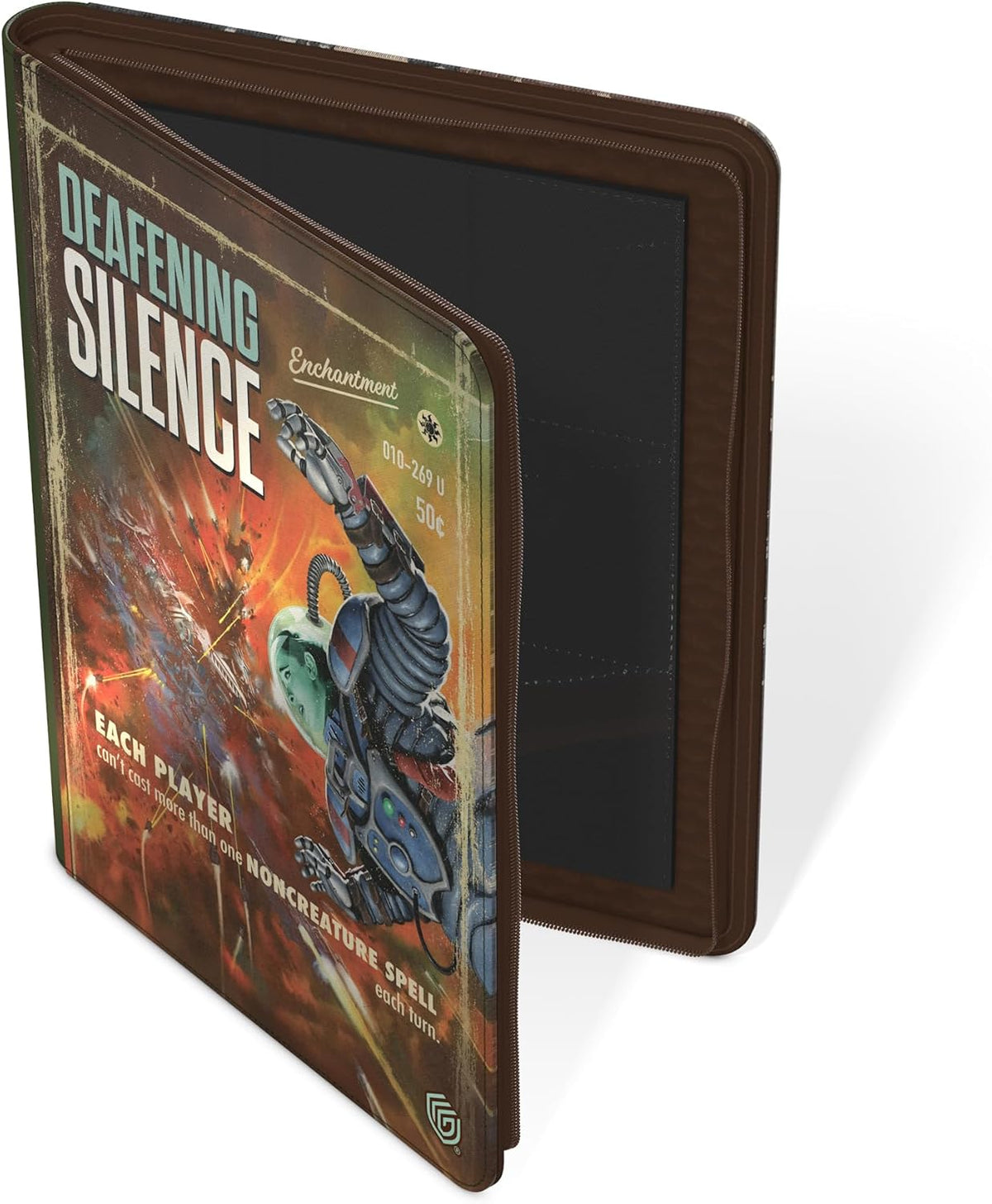 A partially open zippered binder displays &quot;Deafening Silence&quot; Magic card art: a retro sci-fi armored figure in action