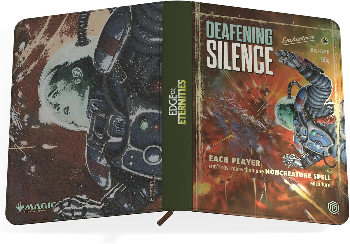 Open MTG binder displaying retro sci-fi art of astronauts in a chaotic space battle, featuring the &#39;Deafening Silence&#39; card