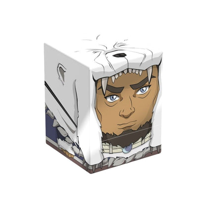 Square box showing an animated man wearing a white fur hood with sharp teeth