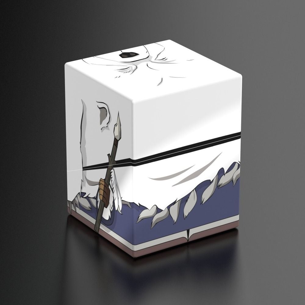 Cube deck box featuring anime art of a figure in white clothing holding a spear