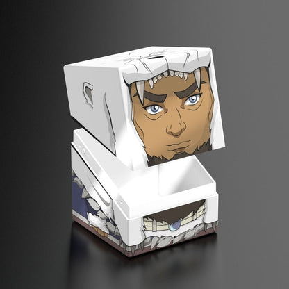 Two-part box with a lifted lid, decorated with a cartoon drawing of a man wearing a white, furry bear hood