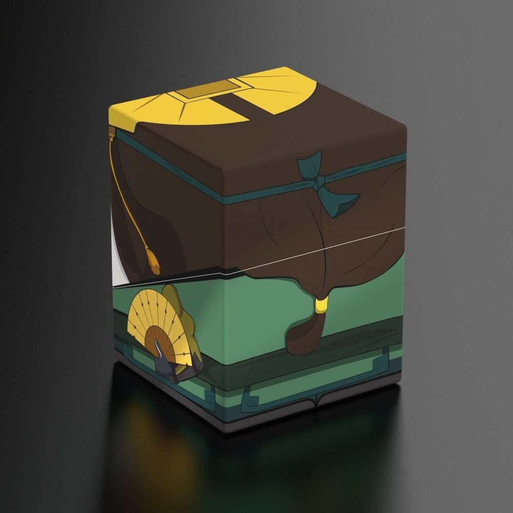Stylized brown and green cube box featuring anime-style robe details, a yellow fan, and headpiece accents