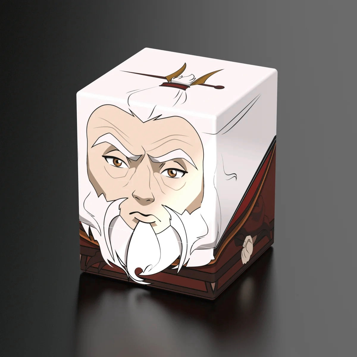 White cubic box featuring an illustration of an animated older man with white hair and a serious expression
