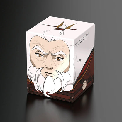 White cubic box featuring an illustration of an animated older man with white hair and a serious expression