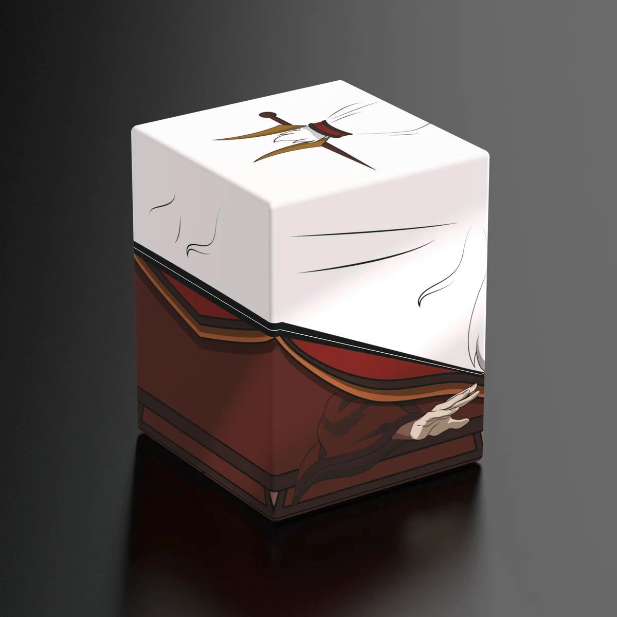Cube-shaped storage box featuring fantasy art of a hilt, robes, and a reaching hand