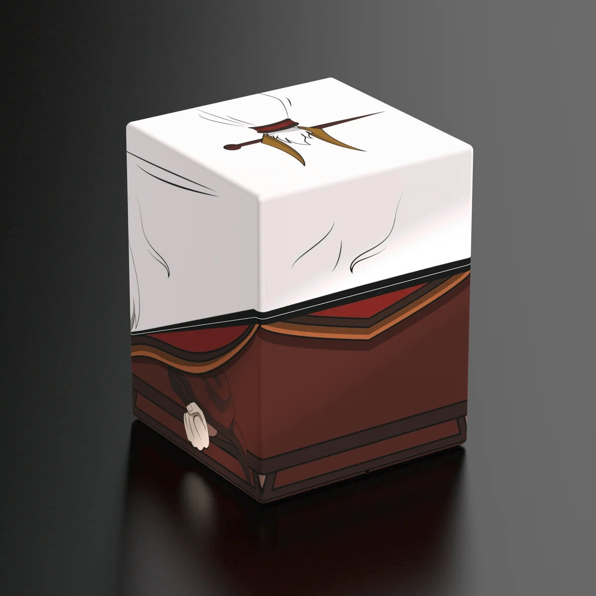 Graphic storage box resembling white and maroon character armor, featuring a sword design on the lid