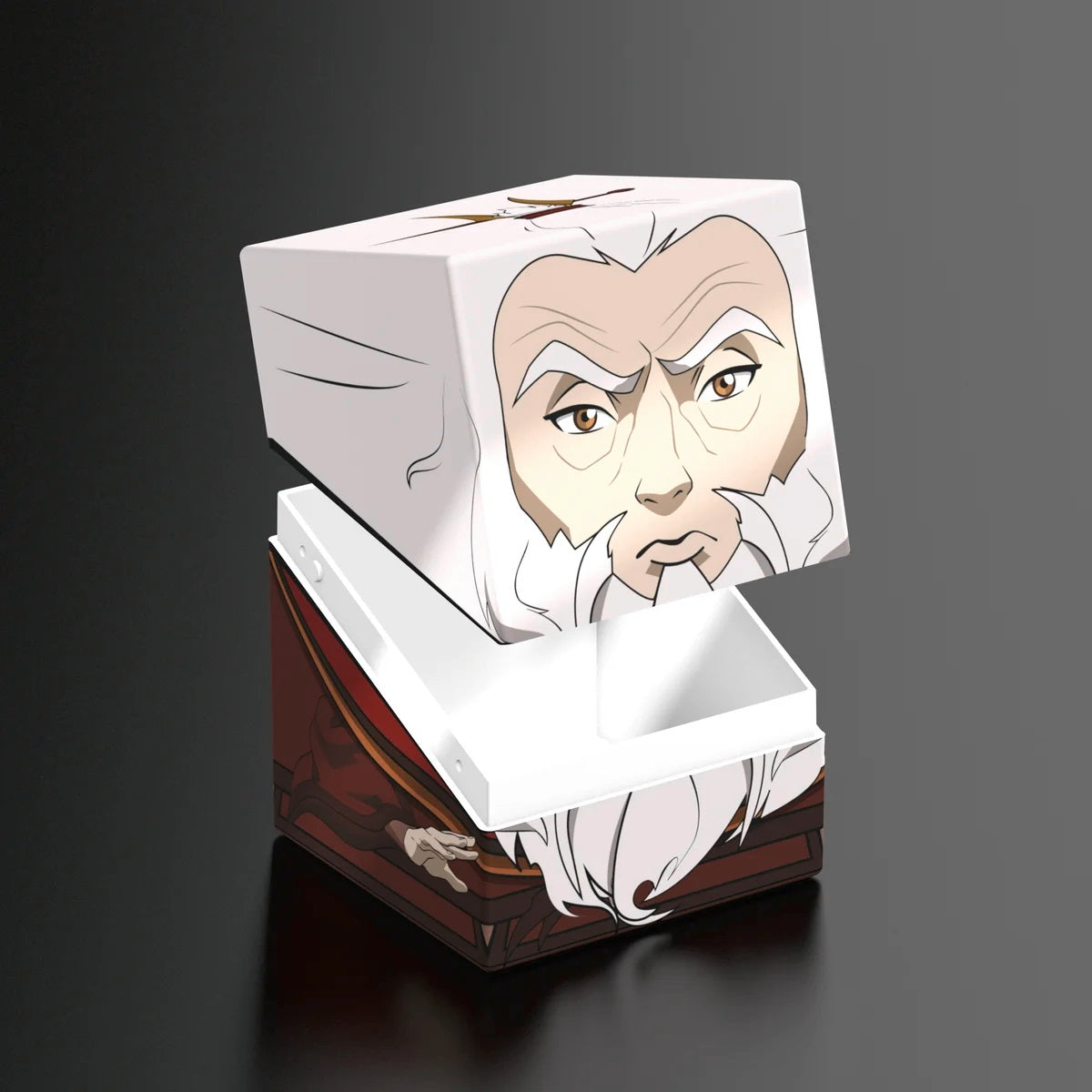 The lid shows an animated face of an elderly, white-bearded man looking down