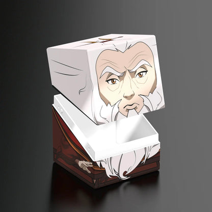 The lid shows an animated face of an elderly, white-bearded man looking down