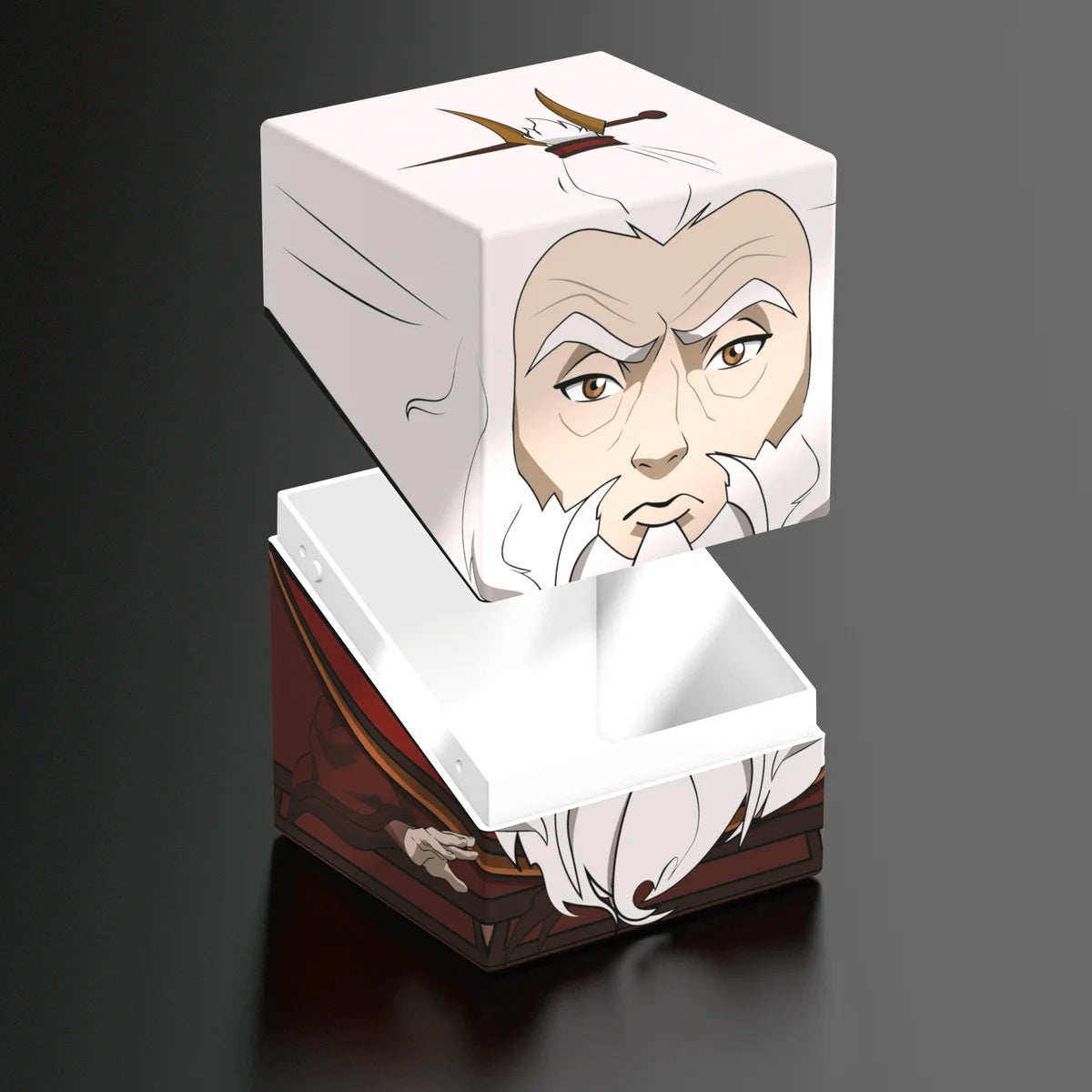 Cube storage box featuring an animated old man with a white beard; the lid is partially lifted