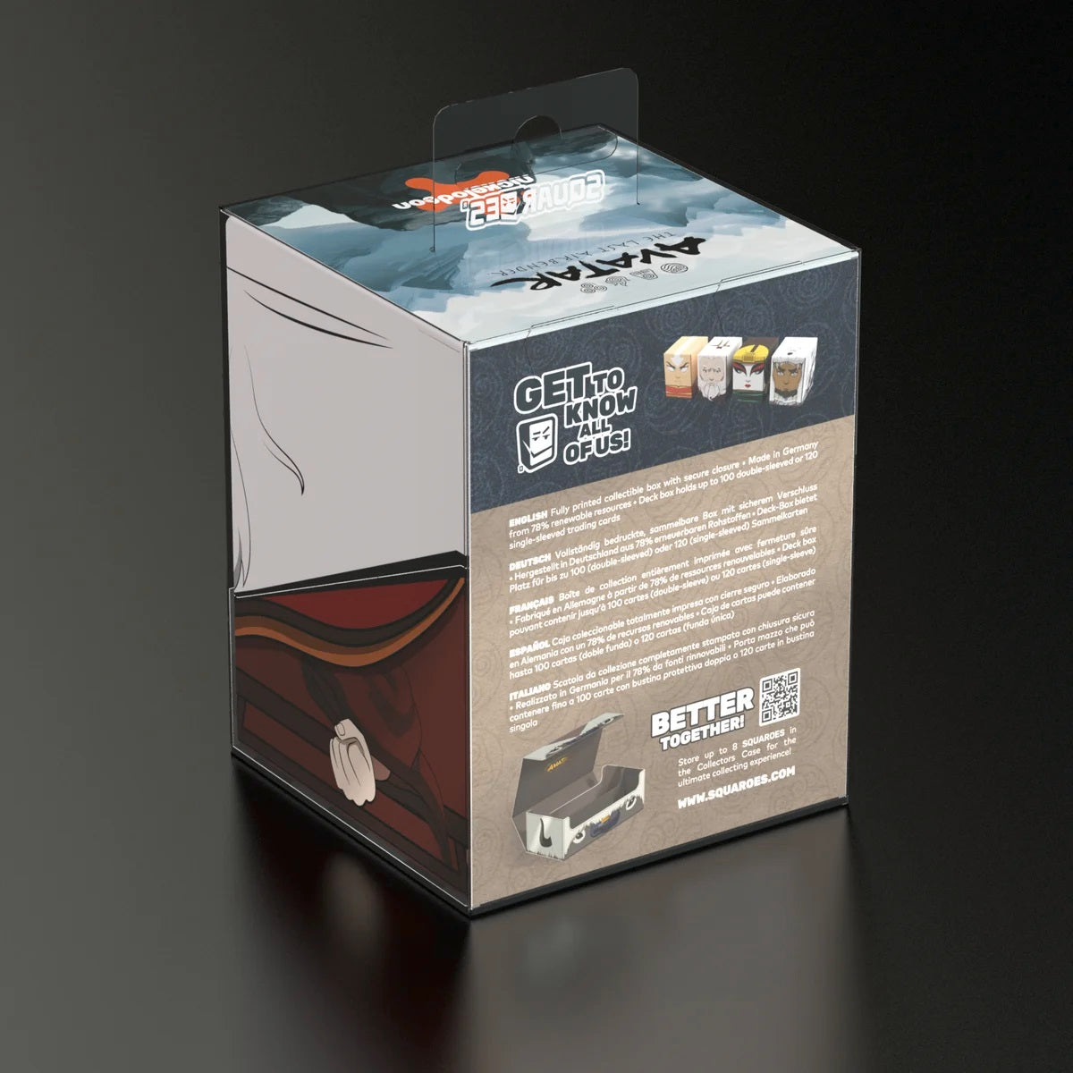 Printed collectible deck box for Avatar: The Last Airbender cards, showing product details and character art