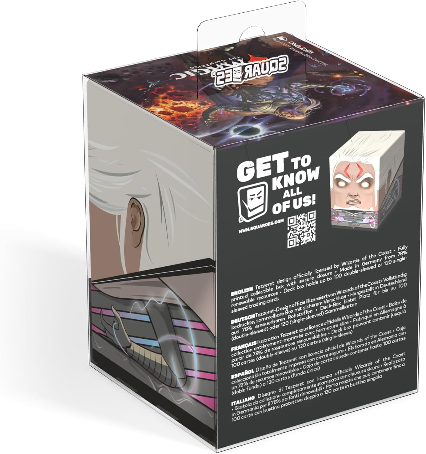 Tezzeret-themed Magic: The Gathering deck box for up to 120 cards, showing character art