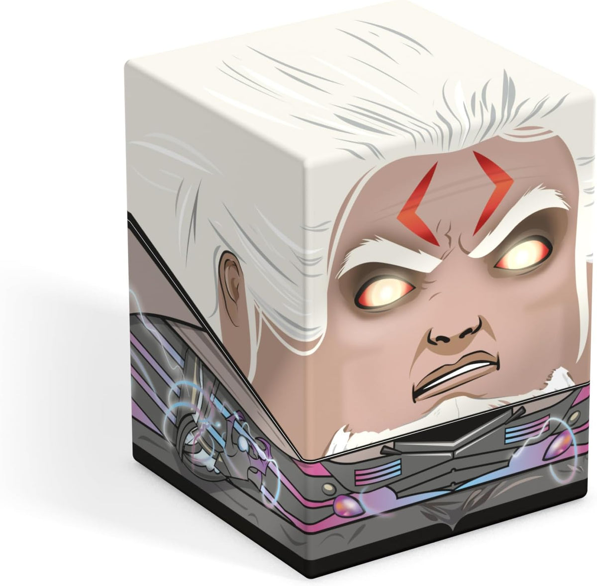 A cube box featuring an angry white-haired character with glowing yellow eyes, red forehead marks, and futuristic armor details