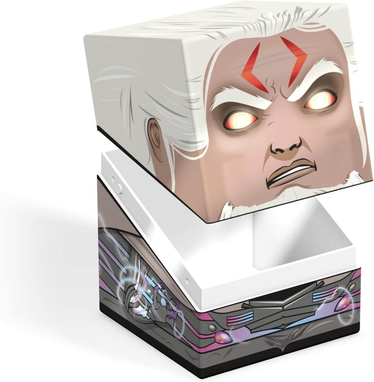 An open deck box: Lid shows angry white-haired character with glowing eyes. Base has futuristic vehicle design