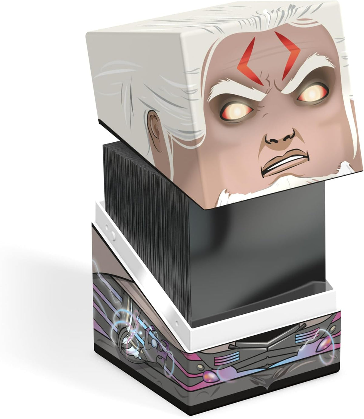 Open deck box: lid shows angry white-haired man with glowing eyes, base has futuristic tech art, revealing black cards