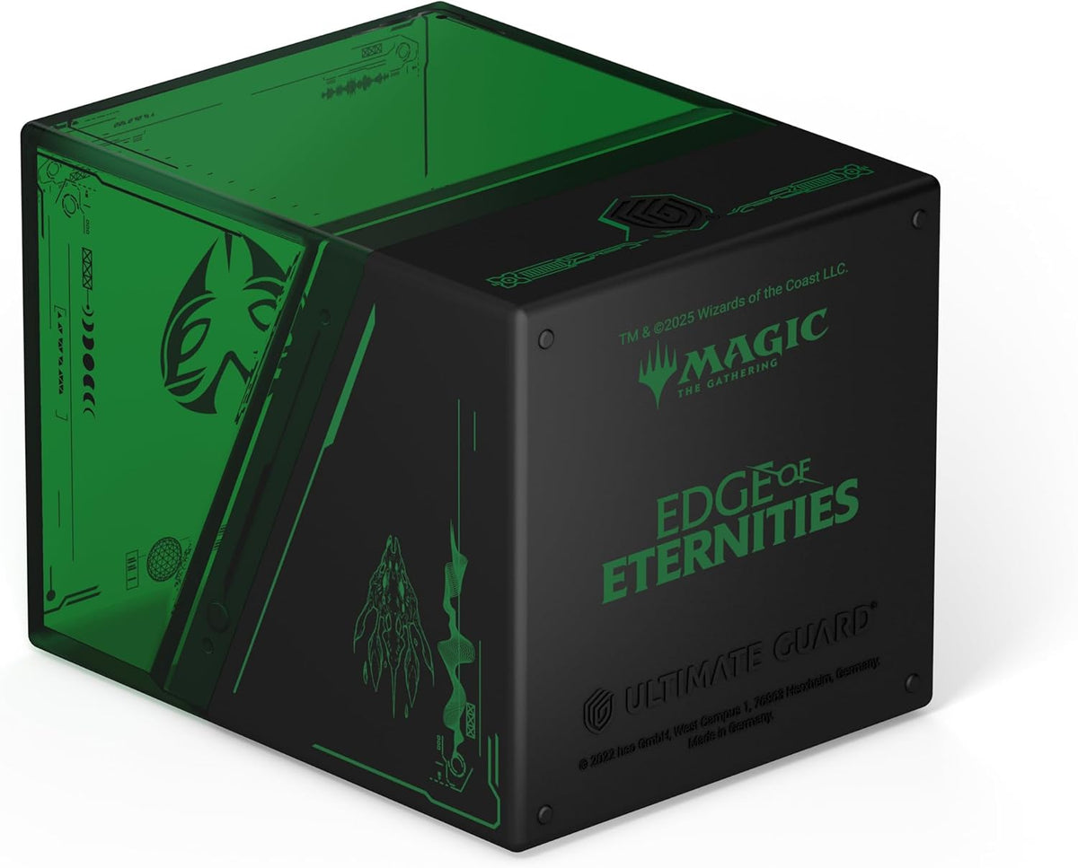 Black and green Magic: The Gathering &quot;Edge of Eternities&quot; deck box with translucent sides featuring abstract patterns and a stylized face