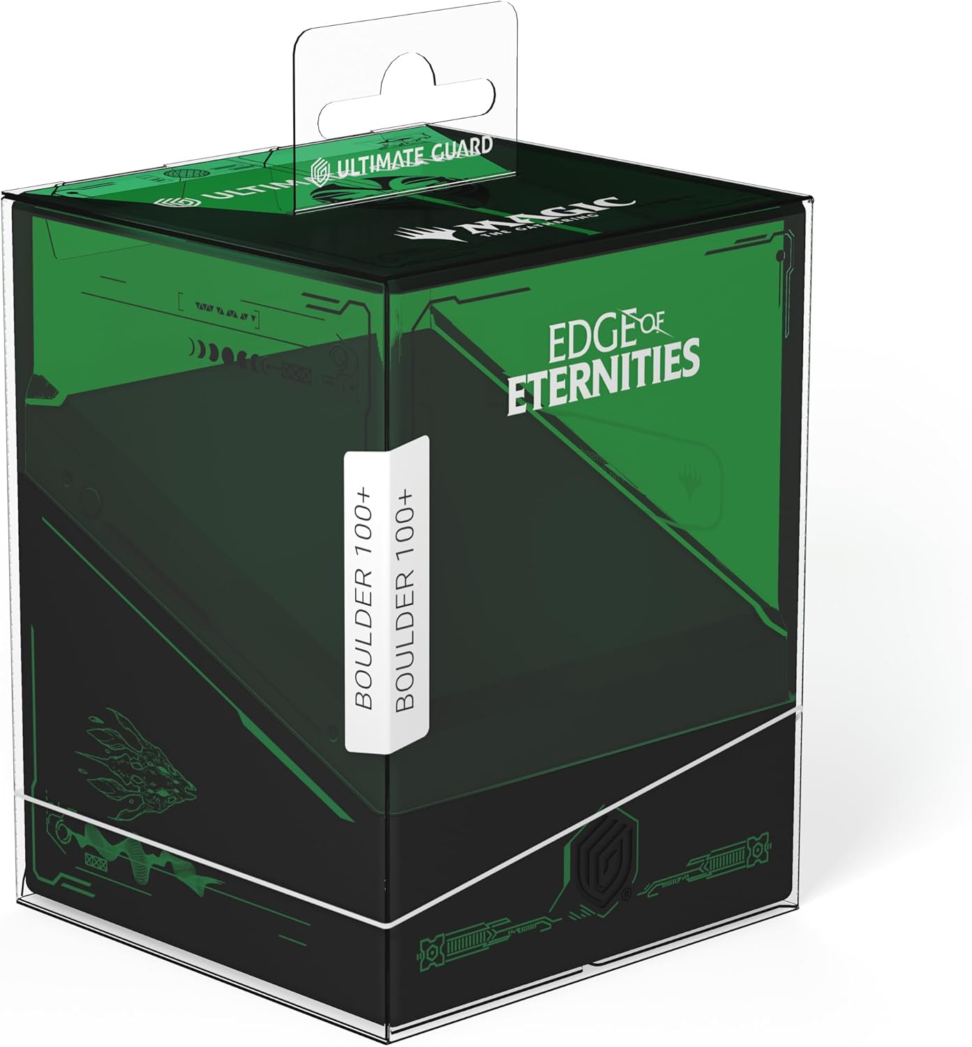 Ultimate Guard Boulder 100+ deck box  in clear retail packaging, black and green, themed "Edge of Eternities" for Magic: The Gathering