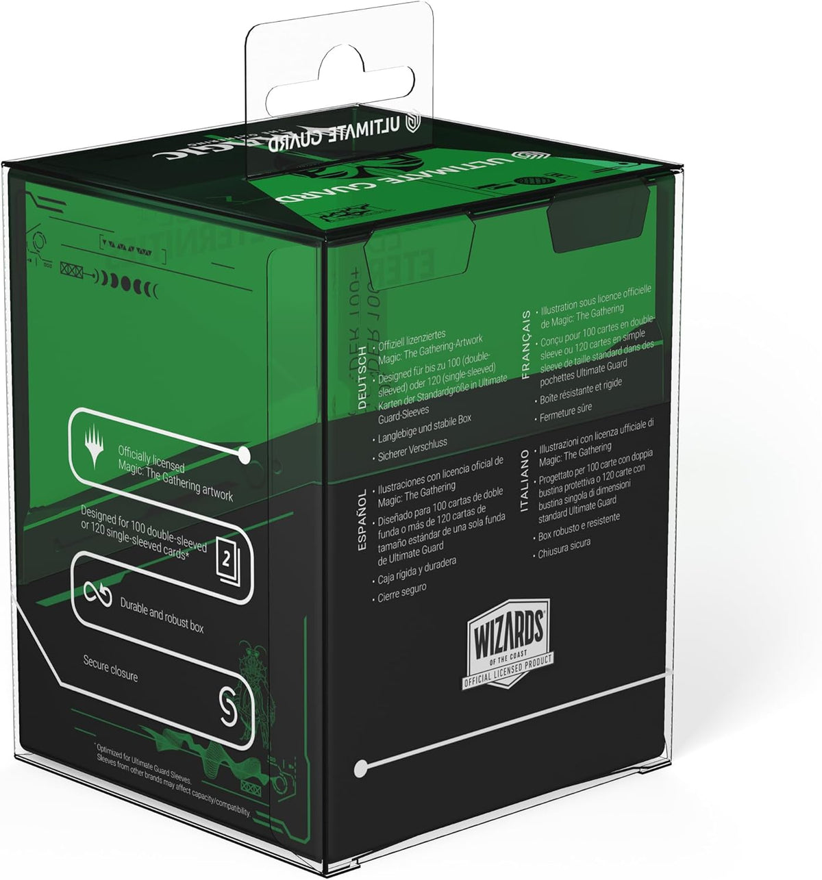 Green &amp; black Ultimate Guard Magic: The Gathering deck box, designed for 100-120 sleeved cards