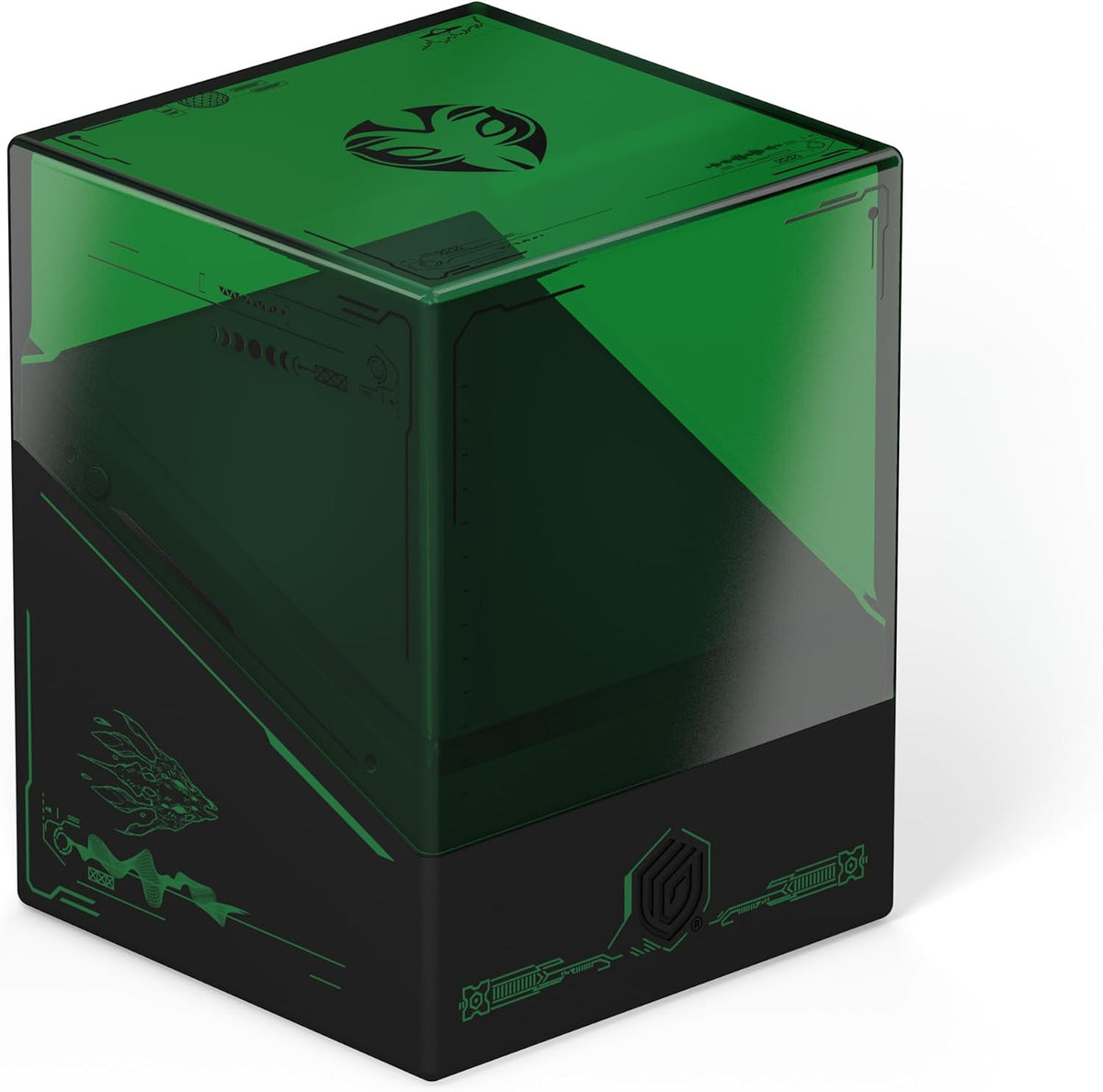 A green and black translucent card storage box with sci-fi circuitry patterns and a dragon head graphic