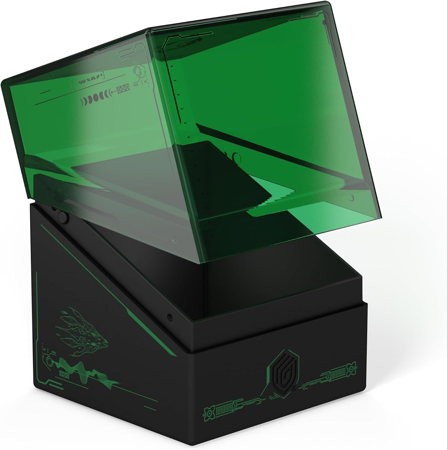 Black storage box with an open, translucent green lid. Green dragon head and circuit-like patterns adorn the sides