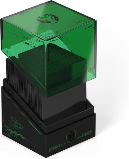Black card storage box with open green translucent lid, showing sleeved cards. Features green tech and dragon graphics