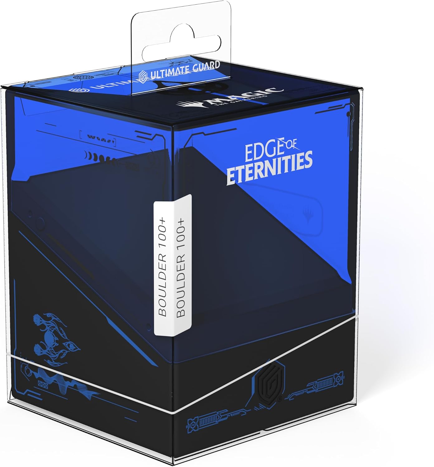 Ultimate Guard Boulder 100+ deck box in black and blue 'Edge of Eternities' design, in clear retail packaging